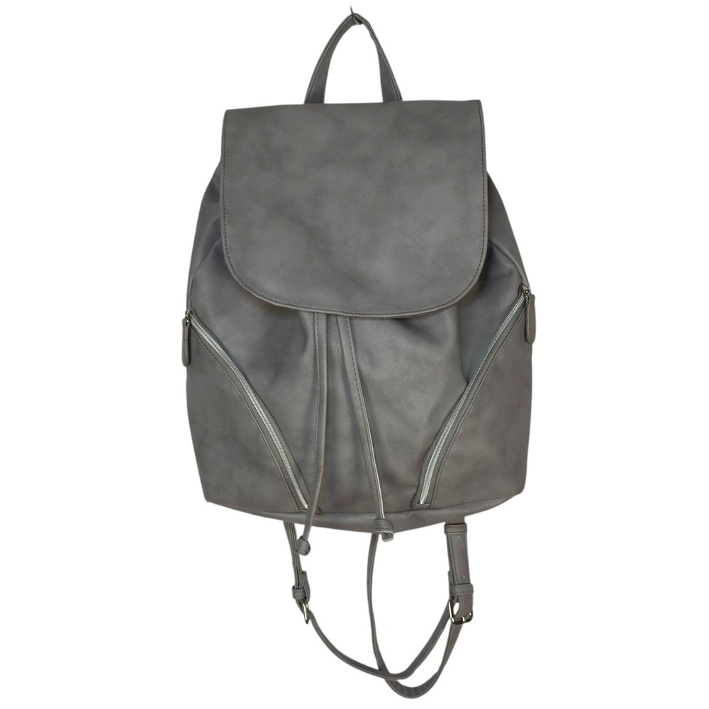 Unbranded Grey Faux Leather Drawstring Backpack Medium Silver Zip Minimalist